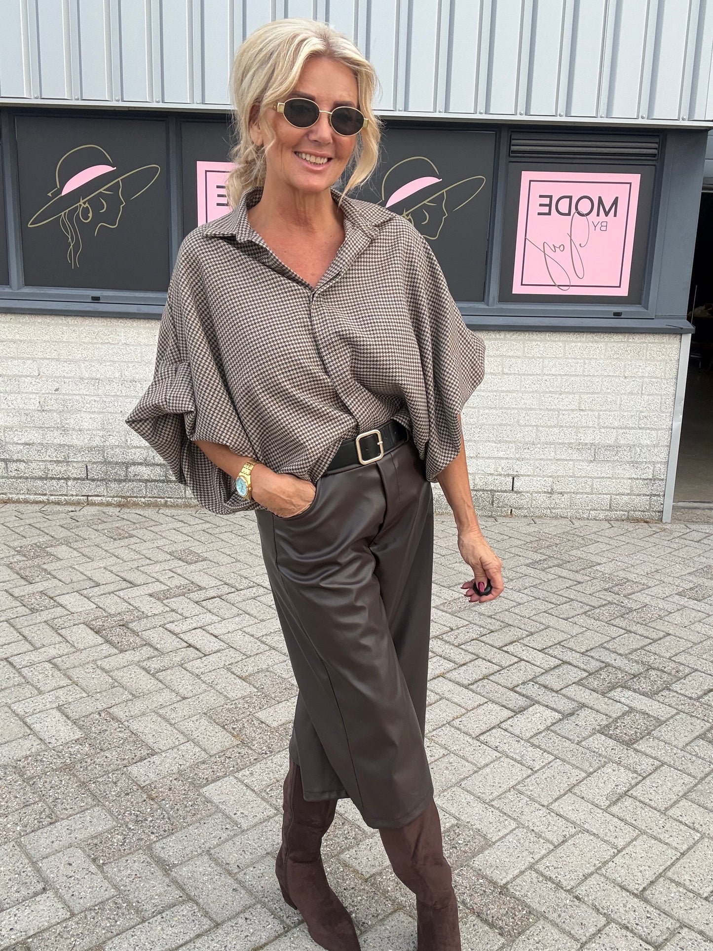 Bluse Emma pepita-rutete brun