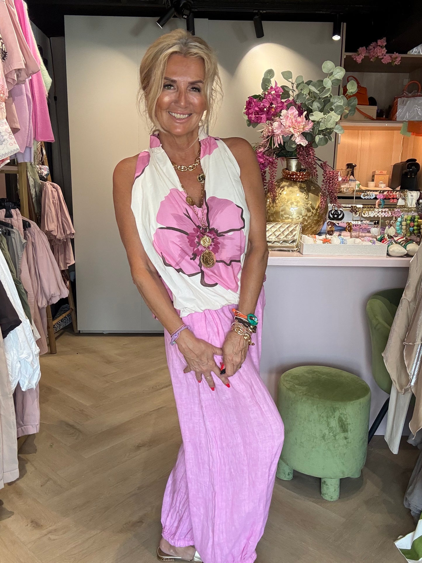 Pantalones de lino globo rosa