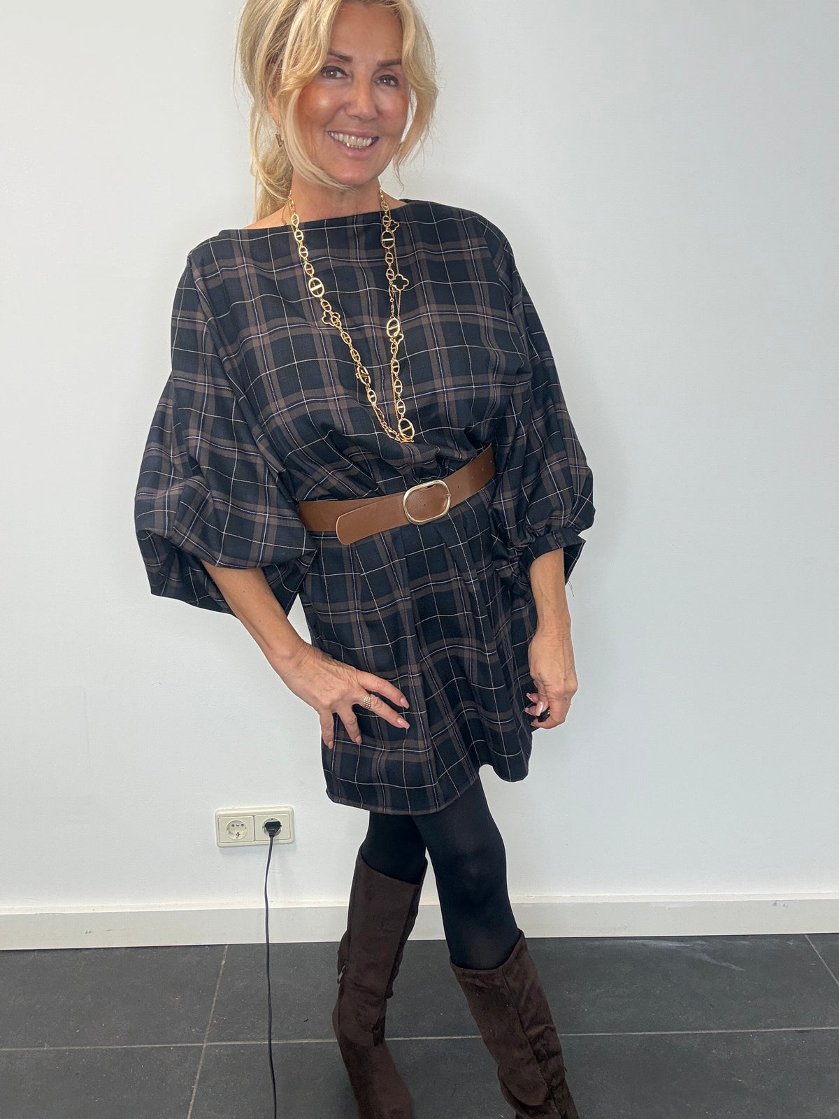 Robe tunique à carreaux taupe foncé