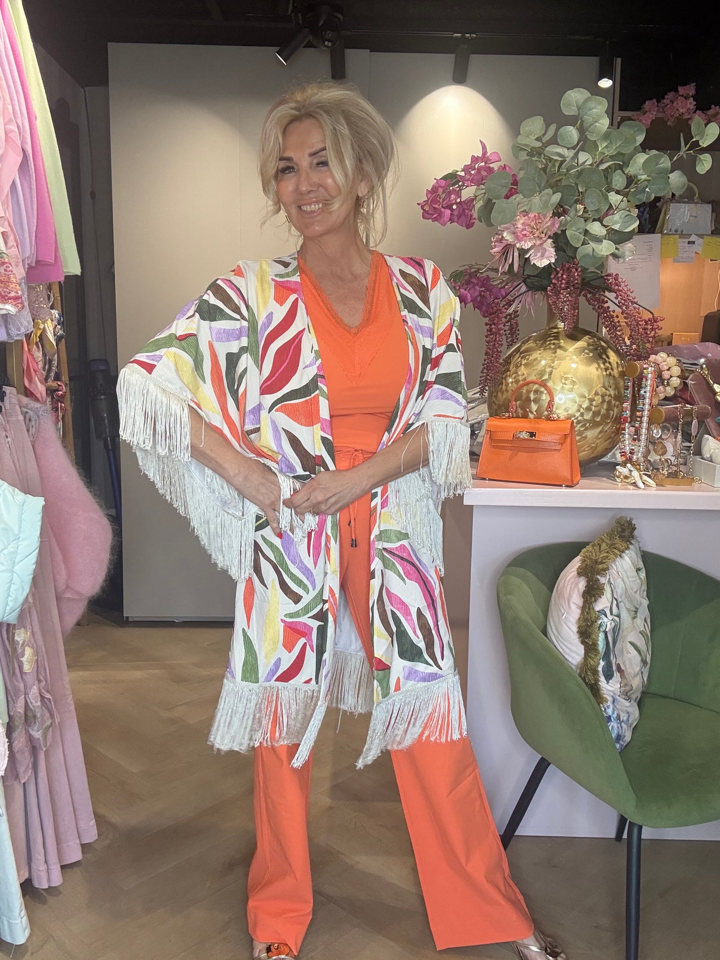 Mi Piace Fringe Kimono Sommerblad Dance Print Off White MP202809SDPT
