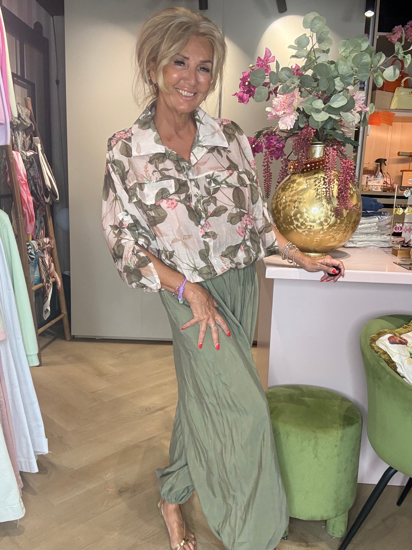 Bluse Bomber Grøn Blomst