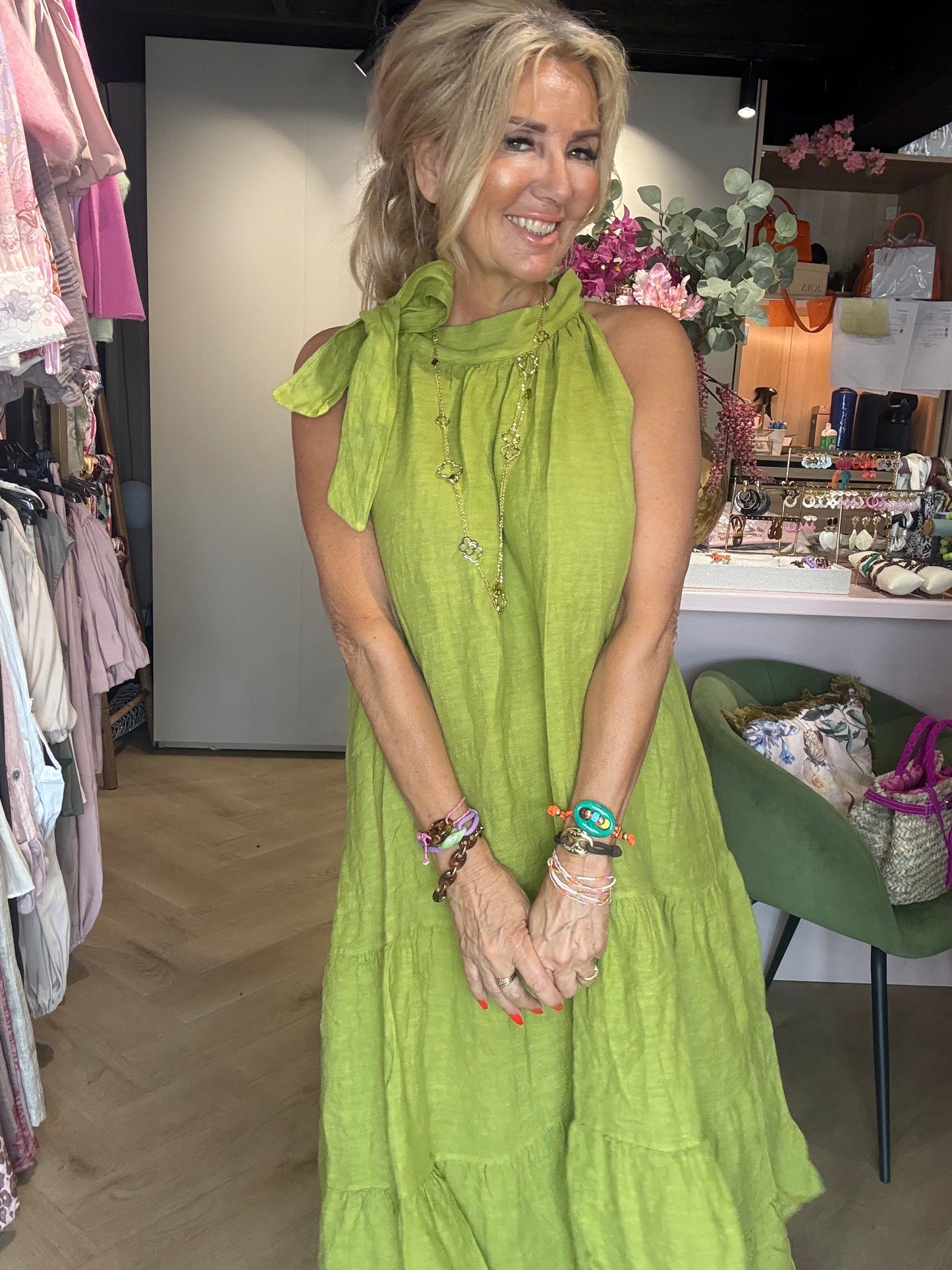 Jurk linnen halter strik Matcha