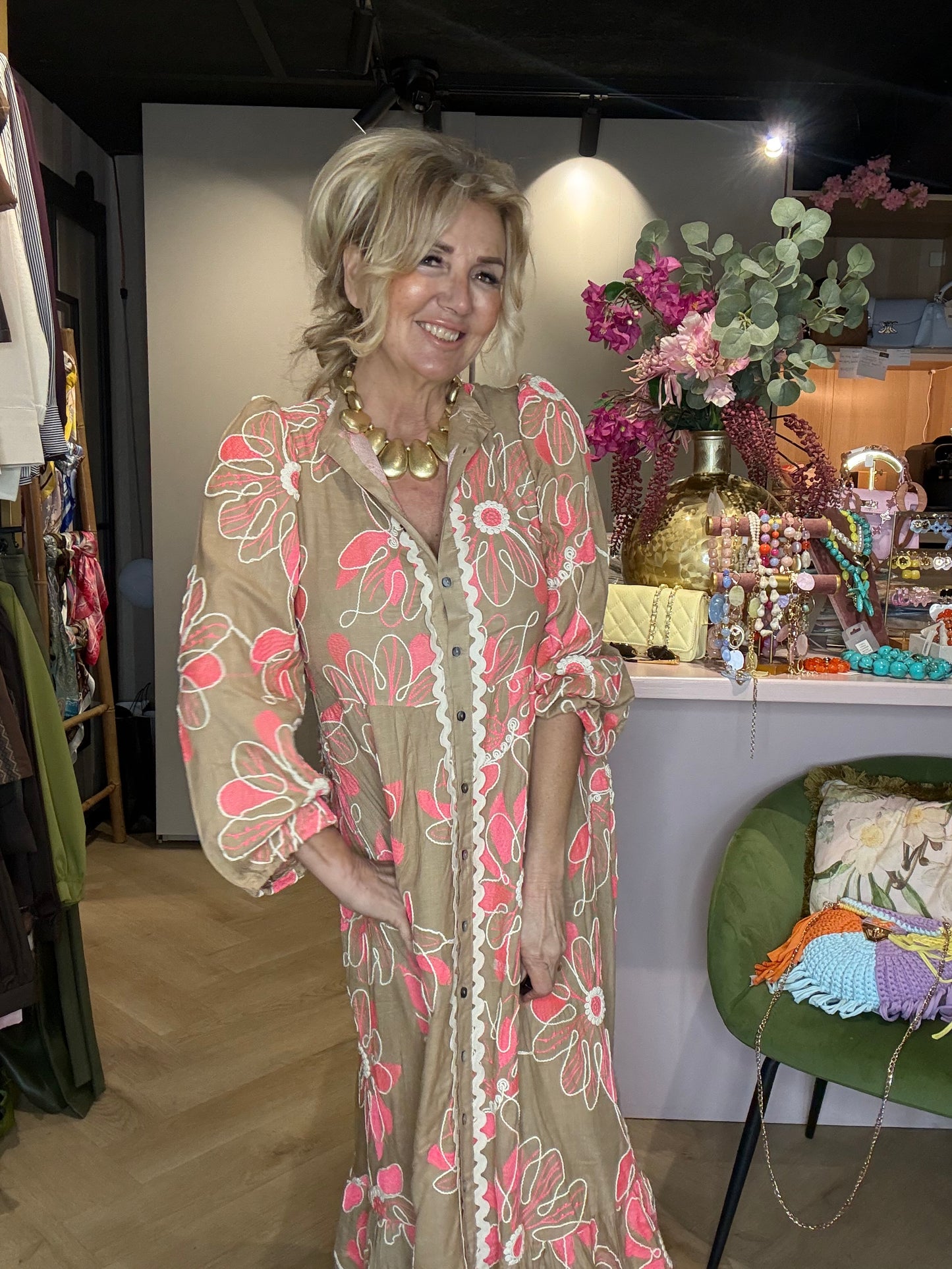 Boho Embroidery Maxi Jurk Taupe