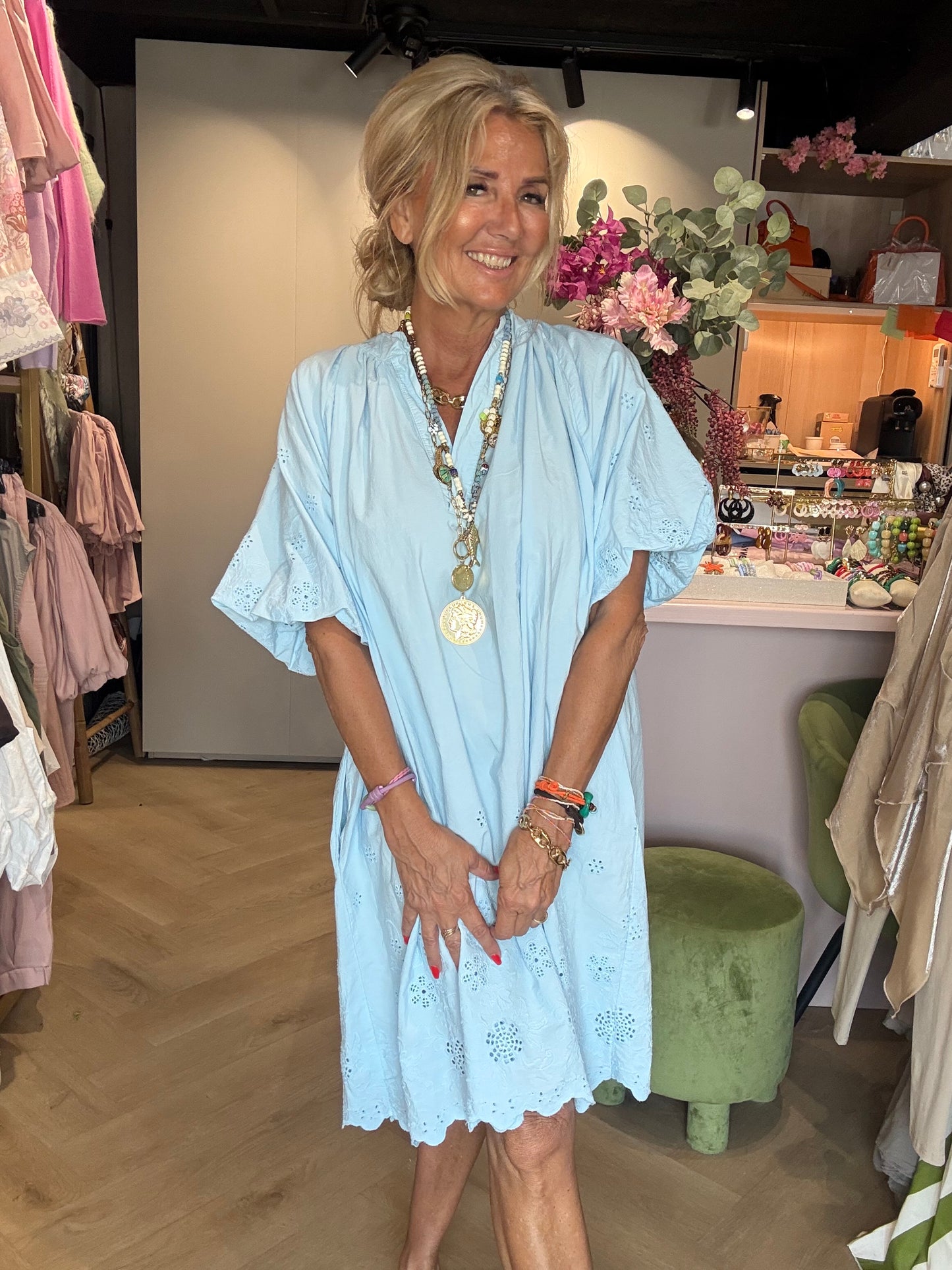 Jurkje ballon mouw Broderie baby bleu 🩵