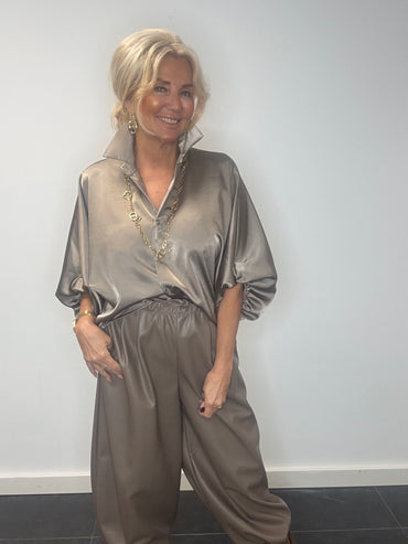 Blouse Silk taupe ballonmouw