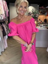 Jurk linnen Off shoulder Fuchsia