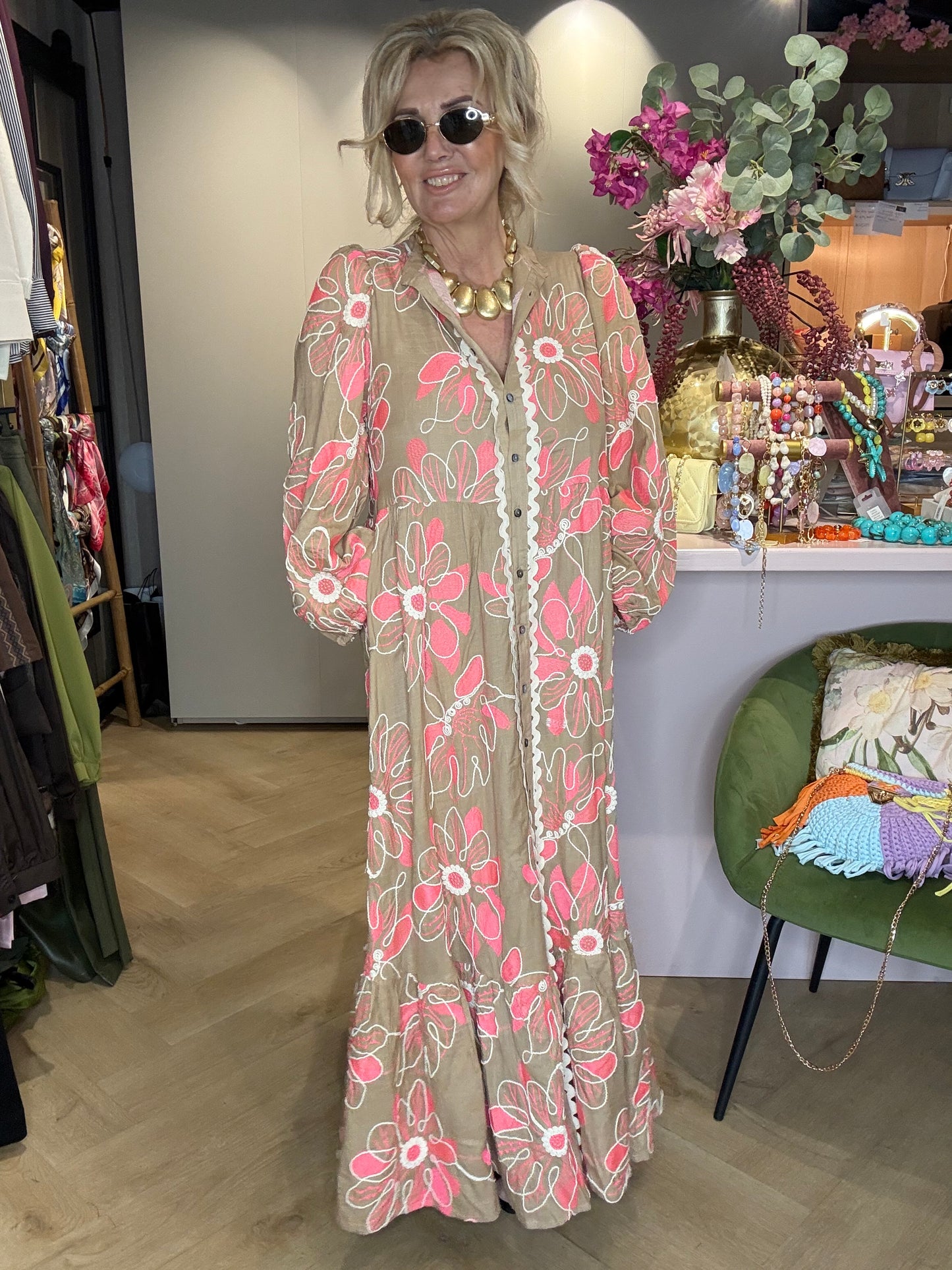 Boho Embroidery Maxi Jurk Taupe