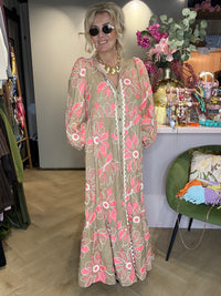 Boho Embroidery Maxi Jurk Taupe