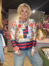 Blouse Satijn-Look met Strik Rood/Blauw
