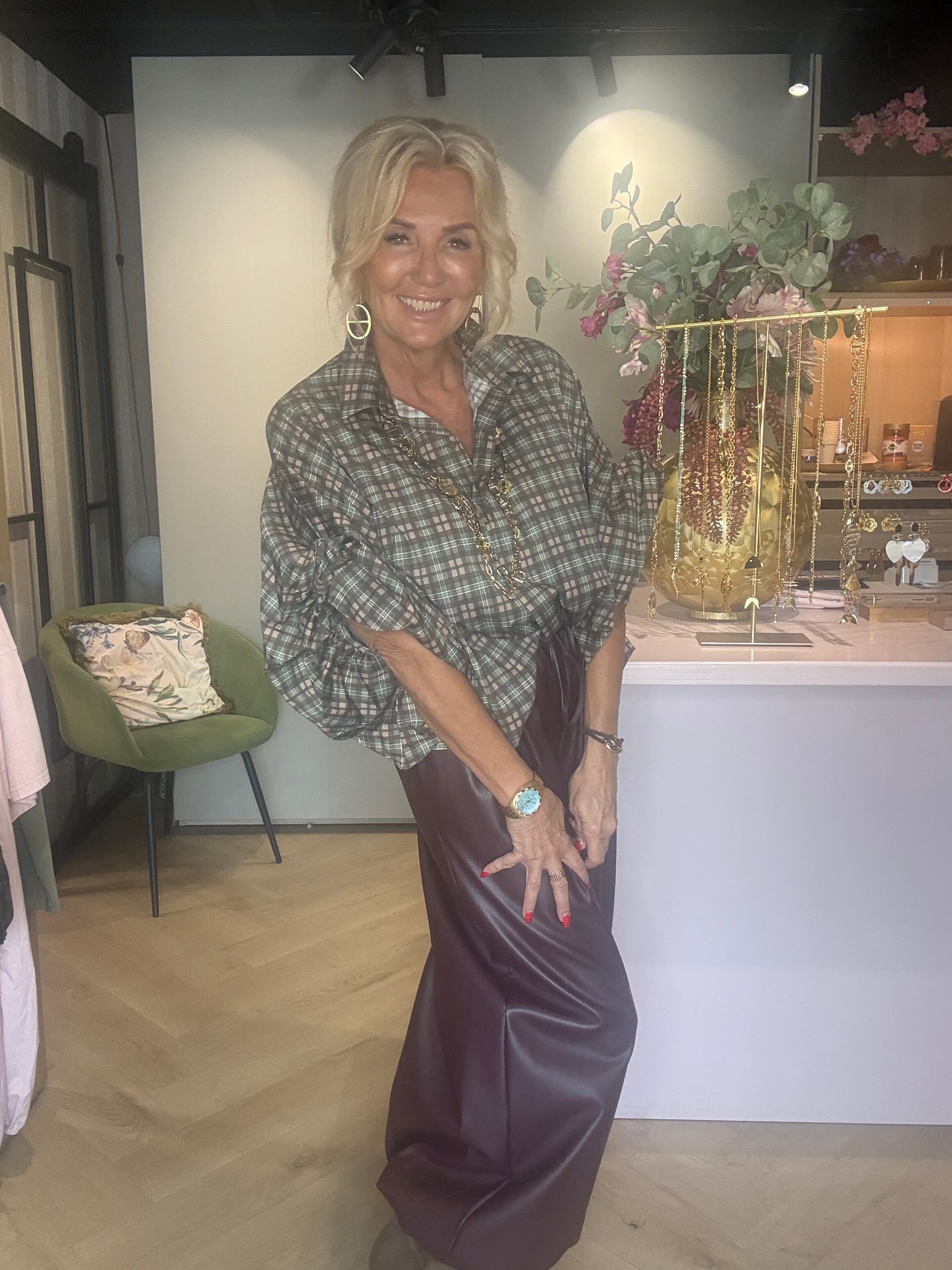 Bluse Emma olivengrøn ternet