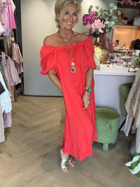 Vestido de lino con manga globo en rojo nuevo