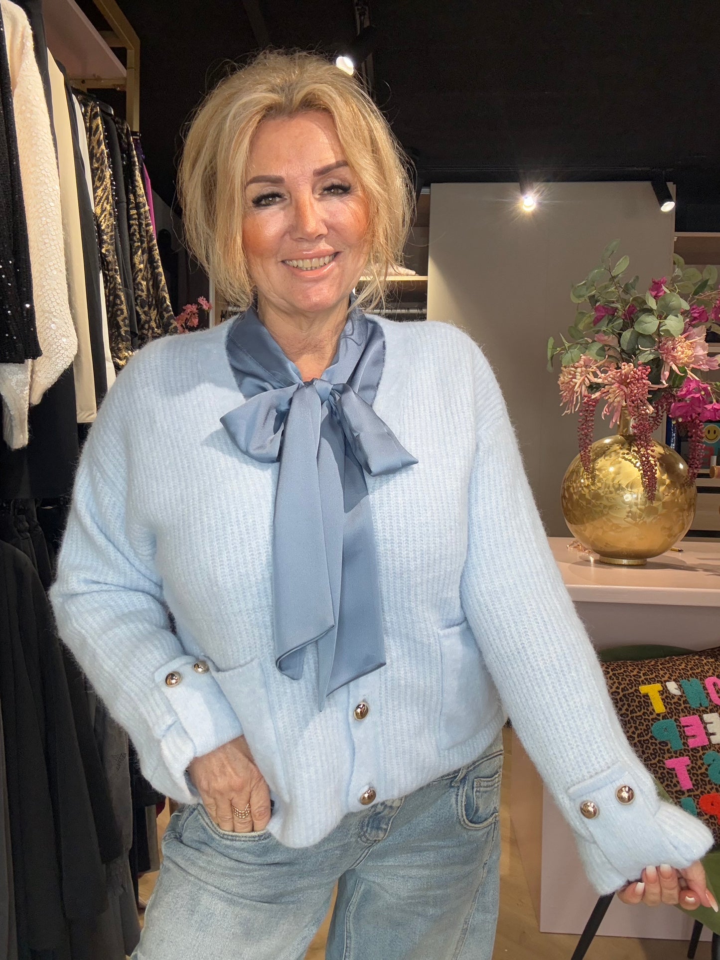 Blouse strik, satijn Blauw