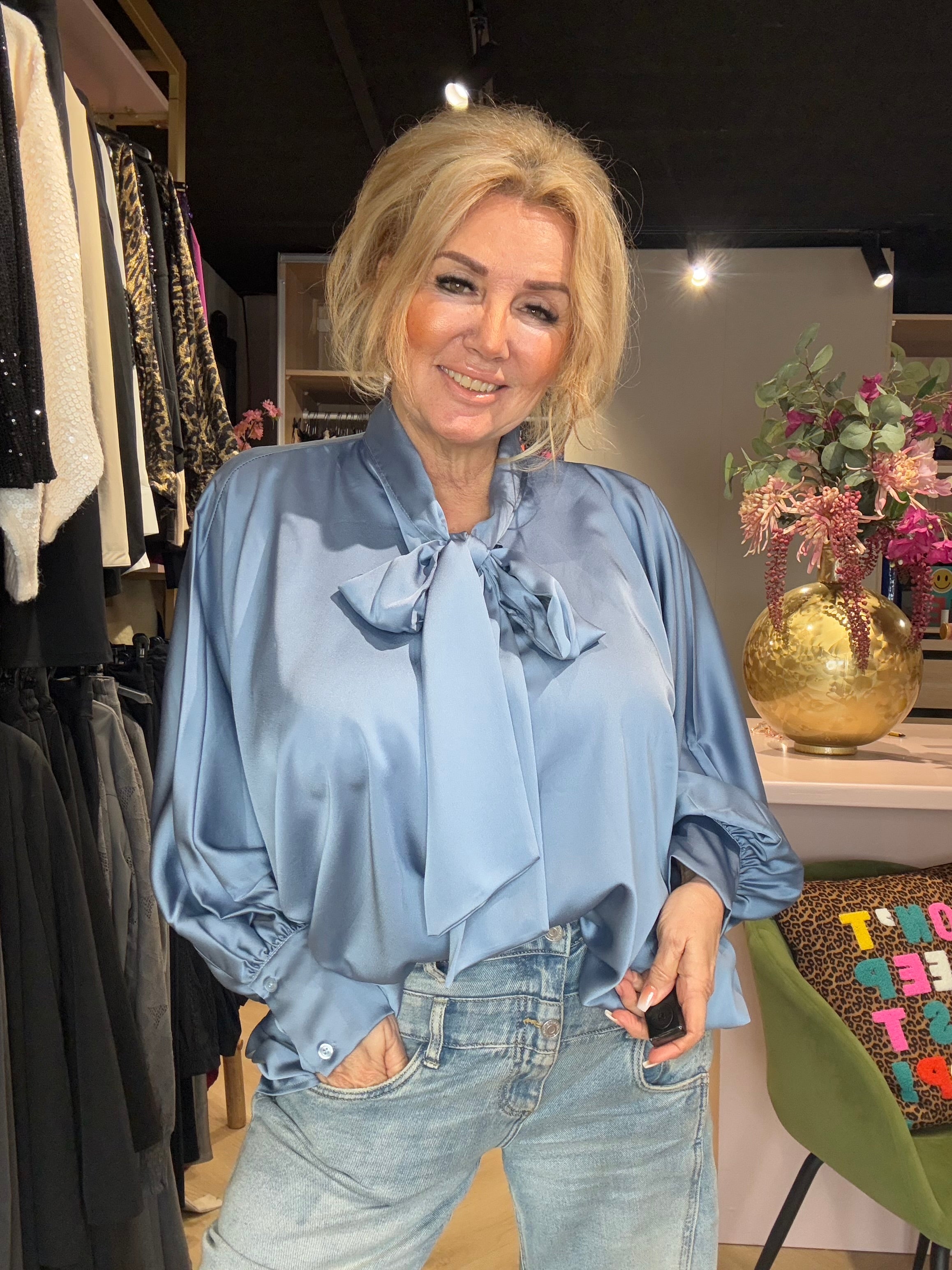 Blouse strik, satijn Blauw