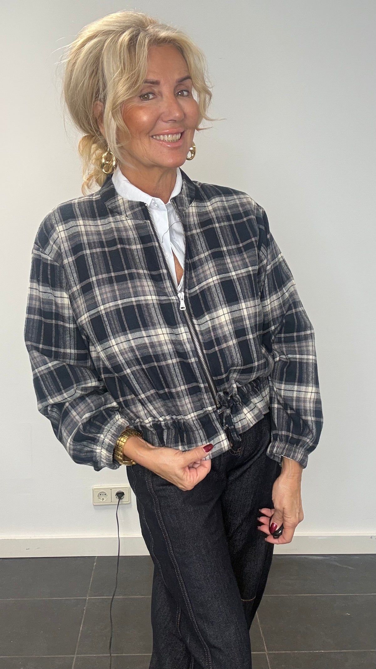Blouson en flanel à carreaux bleu foncé