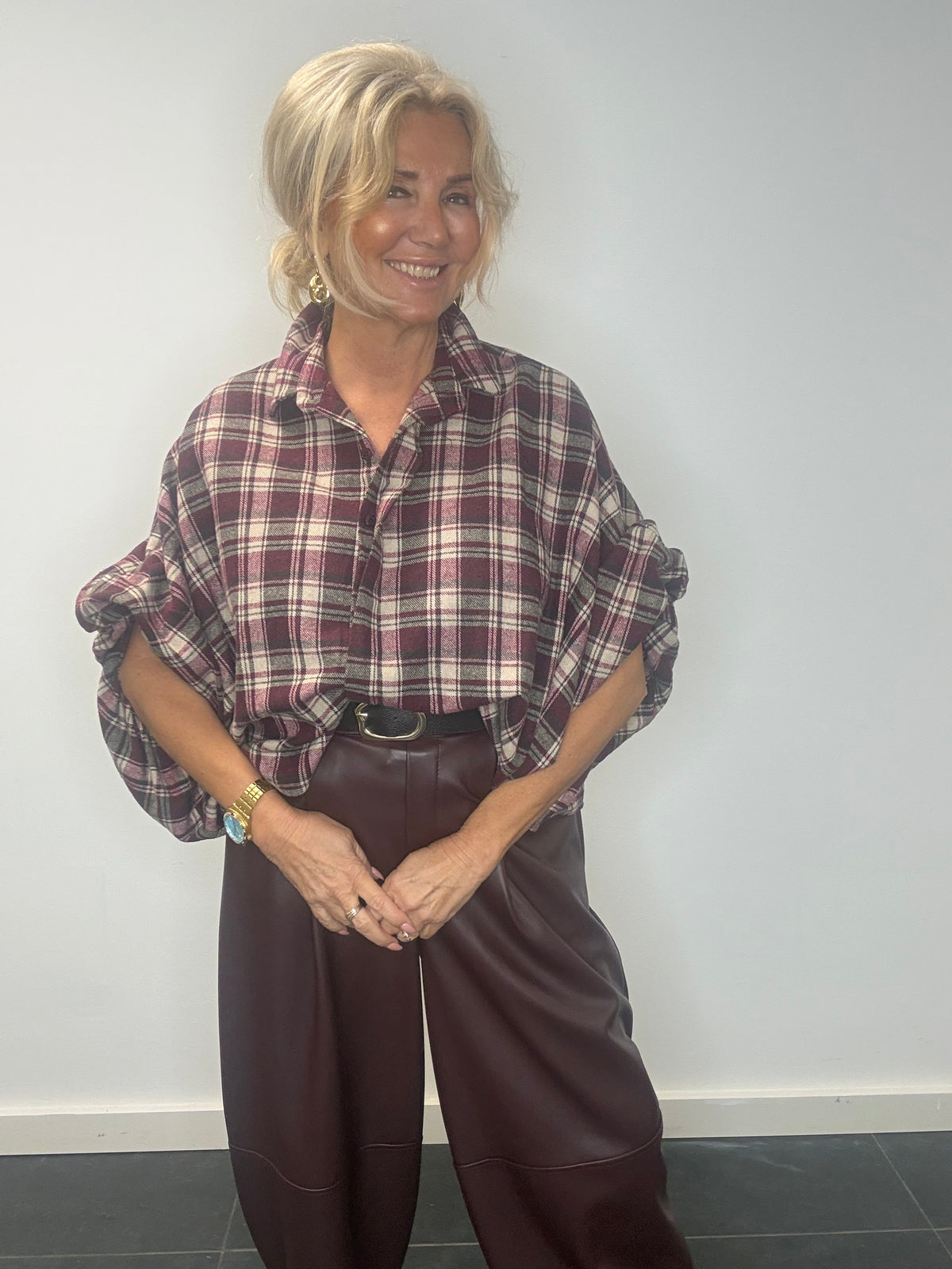 Blus Emma vinröd ecru flanell