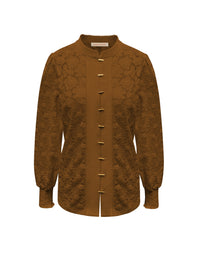 Triple Nine BLS5946 Doorknoop Blouse Kant met Gouden Knopen Caramel - voorkant
