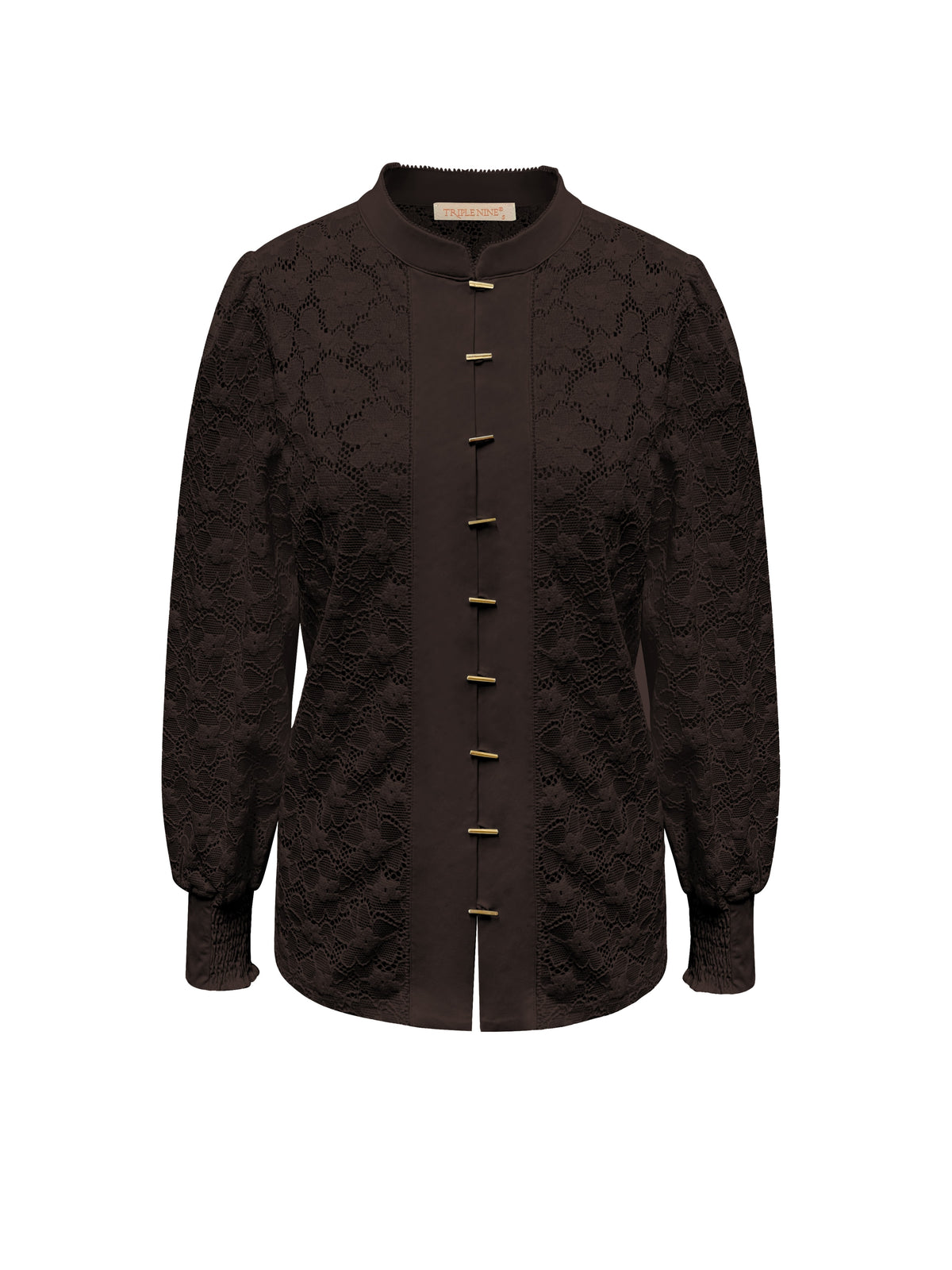 Donkerbruine kanten blouse van Triple Nine, achterkant