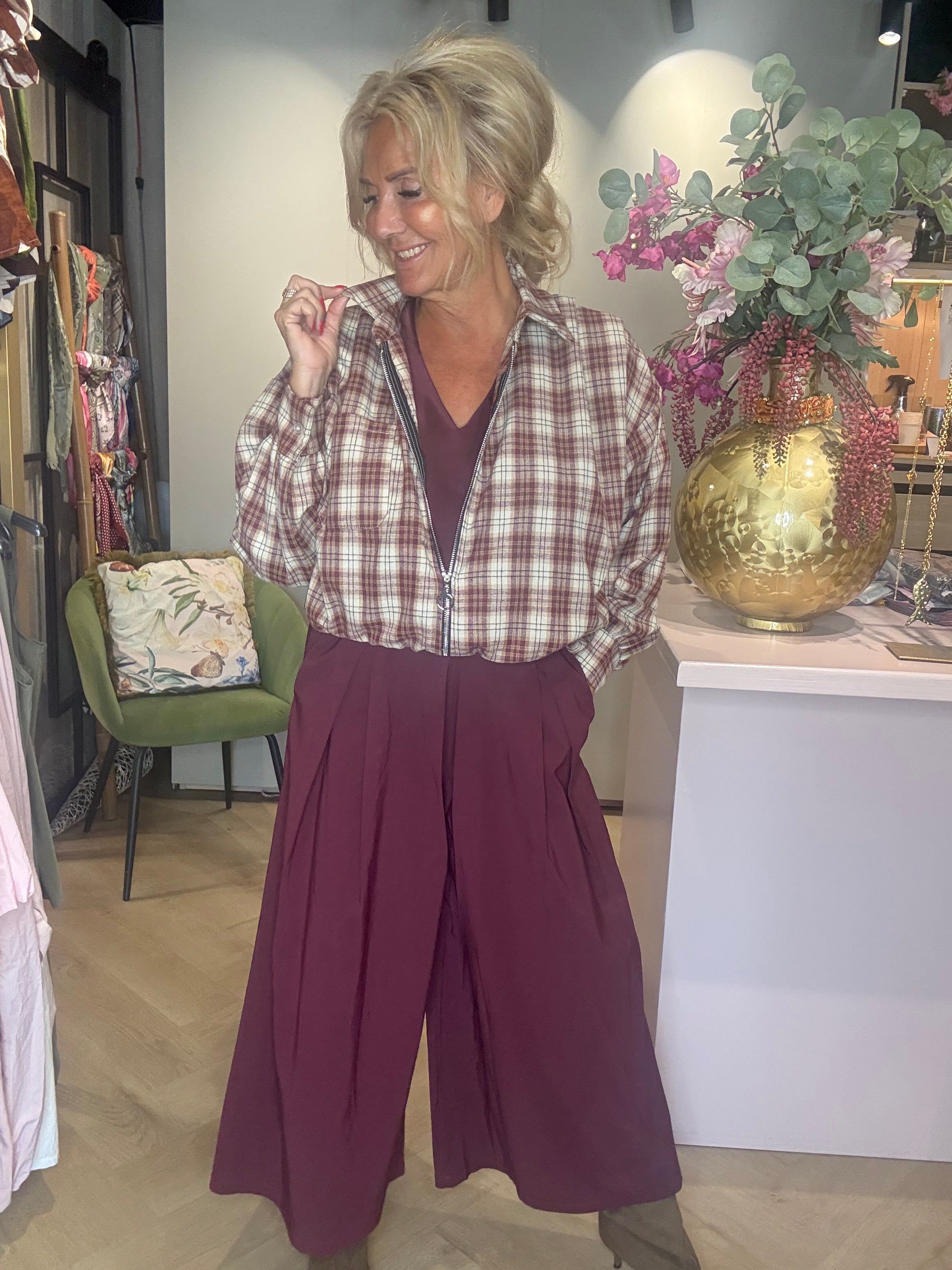 Blouson/jakke i bordeauxrødt flannel med tern