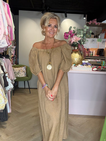 Robe en lin à manches ballon camel