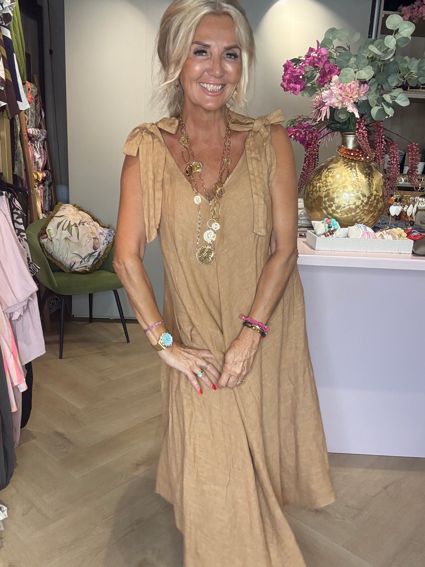 Jurk linnen strik Camel