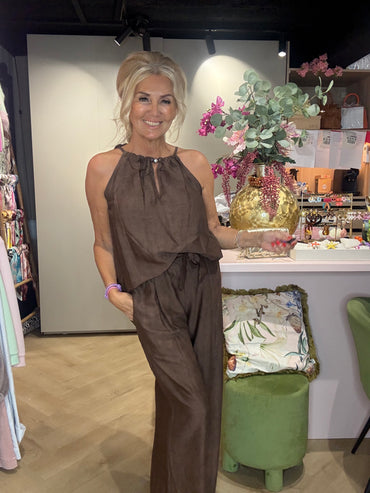 2 Delige set choco bruin 🤎Linnen look Halter model