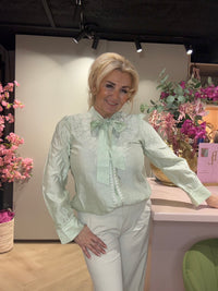 Blouse Satijn Look Borduurwerk Groen