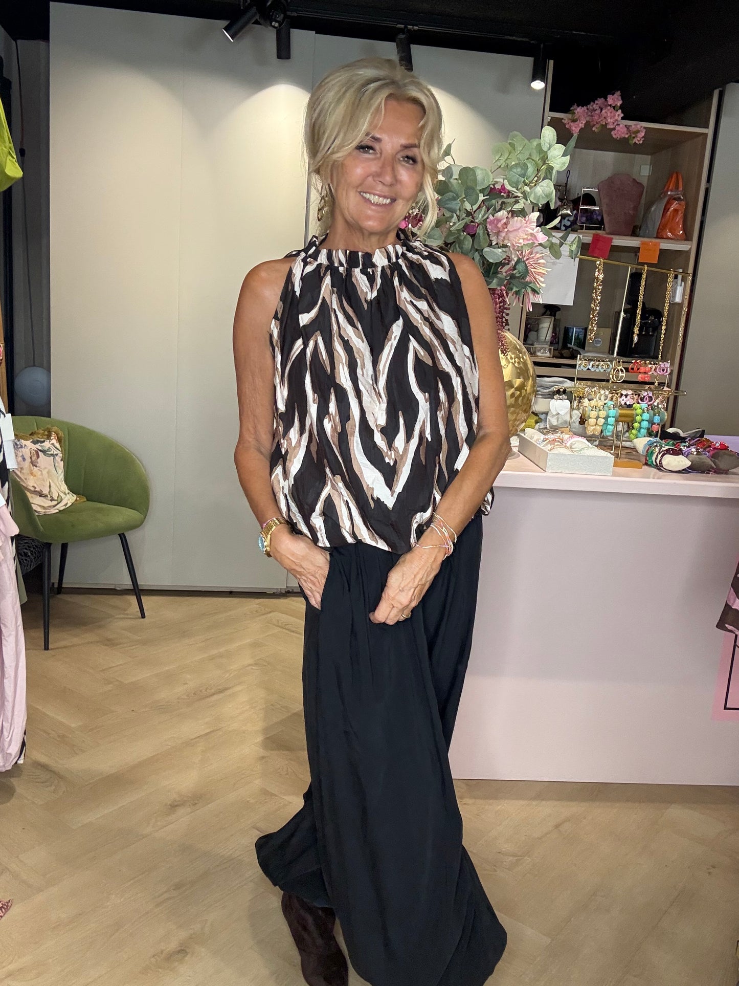 Top halter Bruin Zwart Beige penseel print