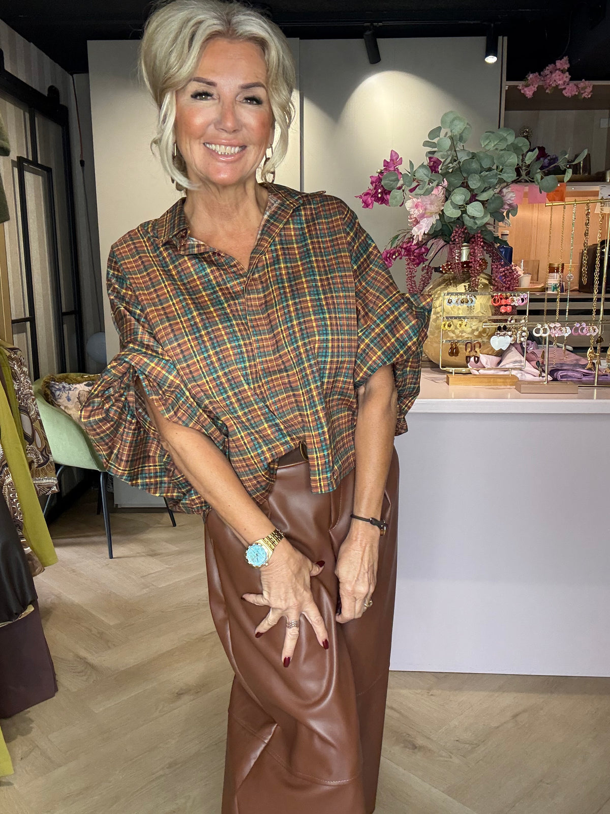 Blouse Emma Ruit Cognac / Grøn