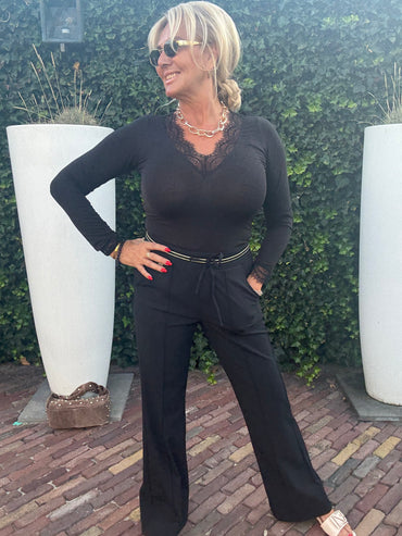 Broek Flared Triple Nine  with gold rib belt BR2304 Black