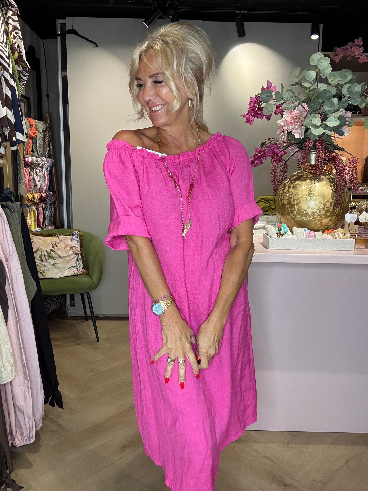 Linnen jurk Fuchsia