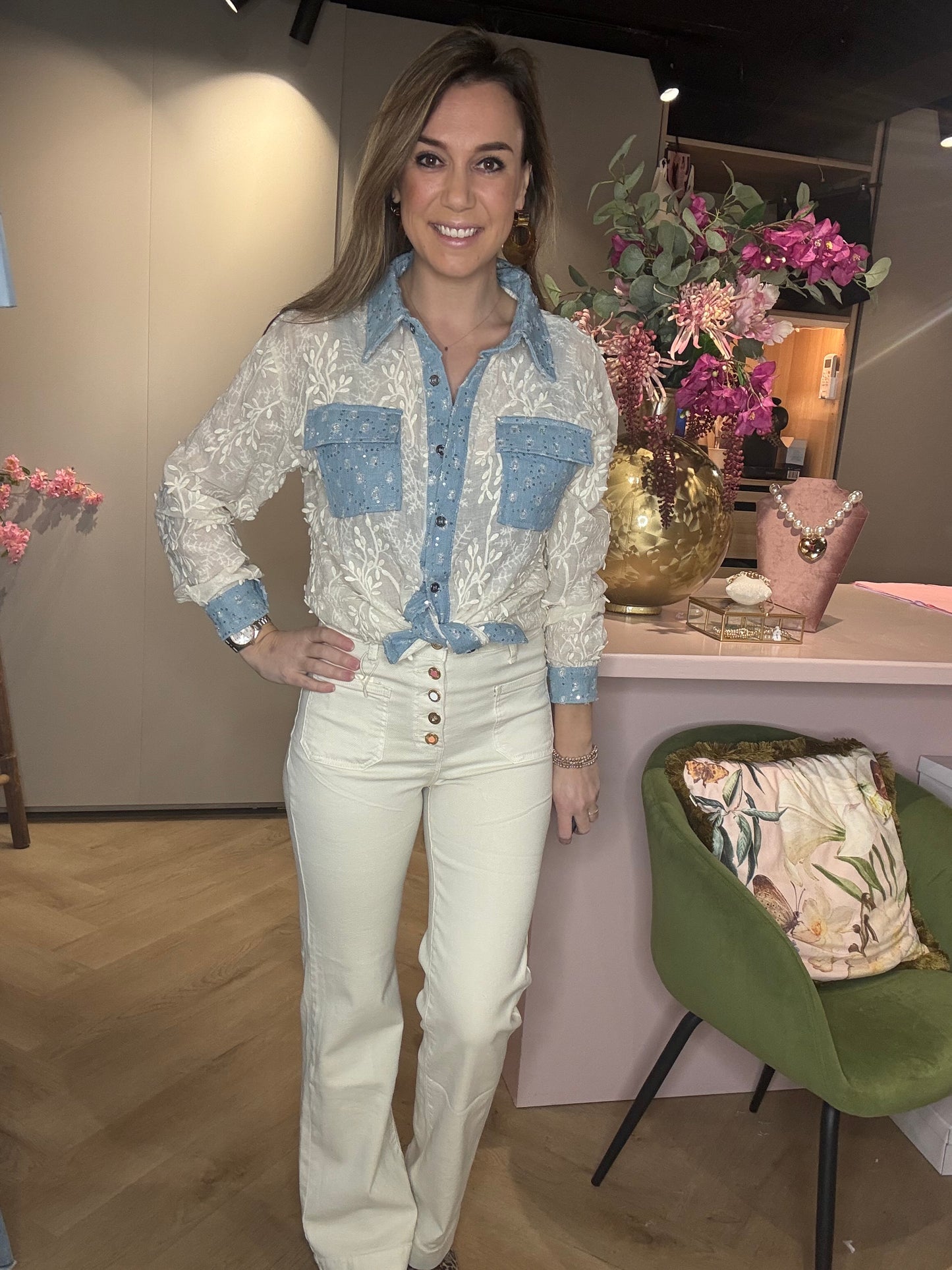 Broek Jeans Knoop detail Crème