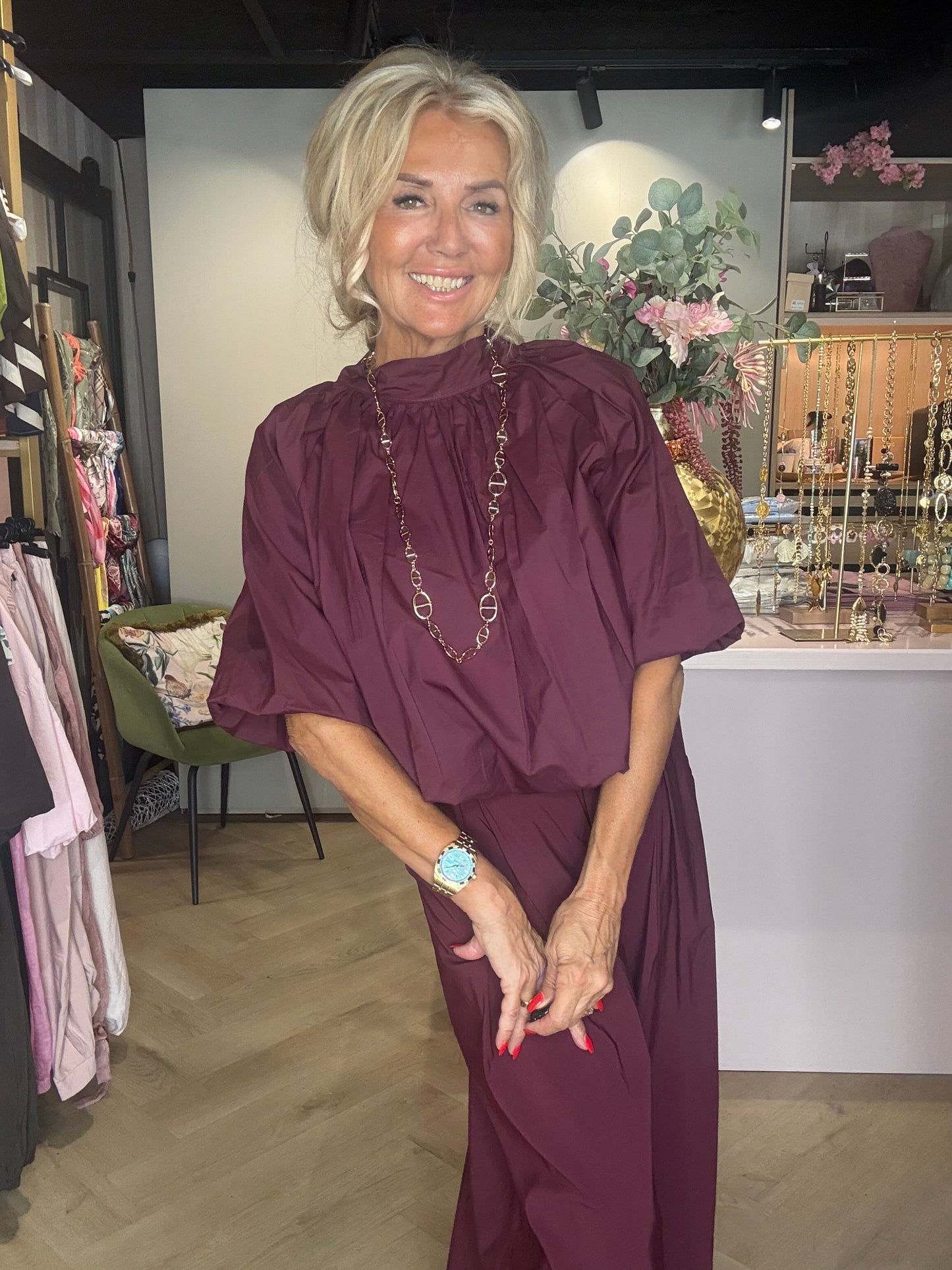 Blouse ballon à rayures bordeaux