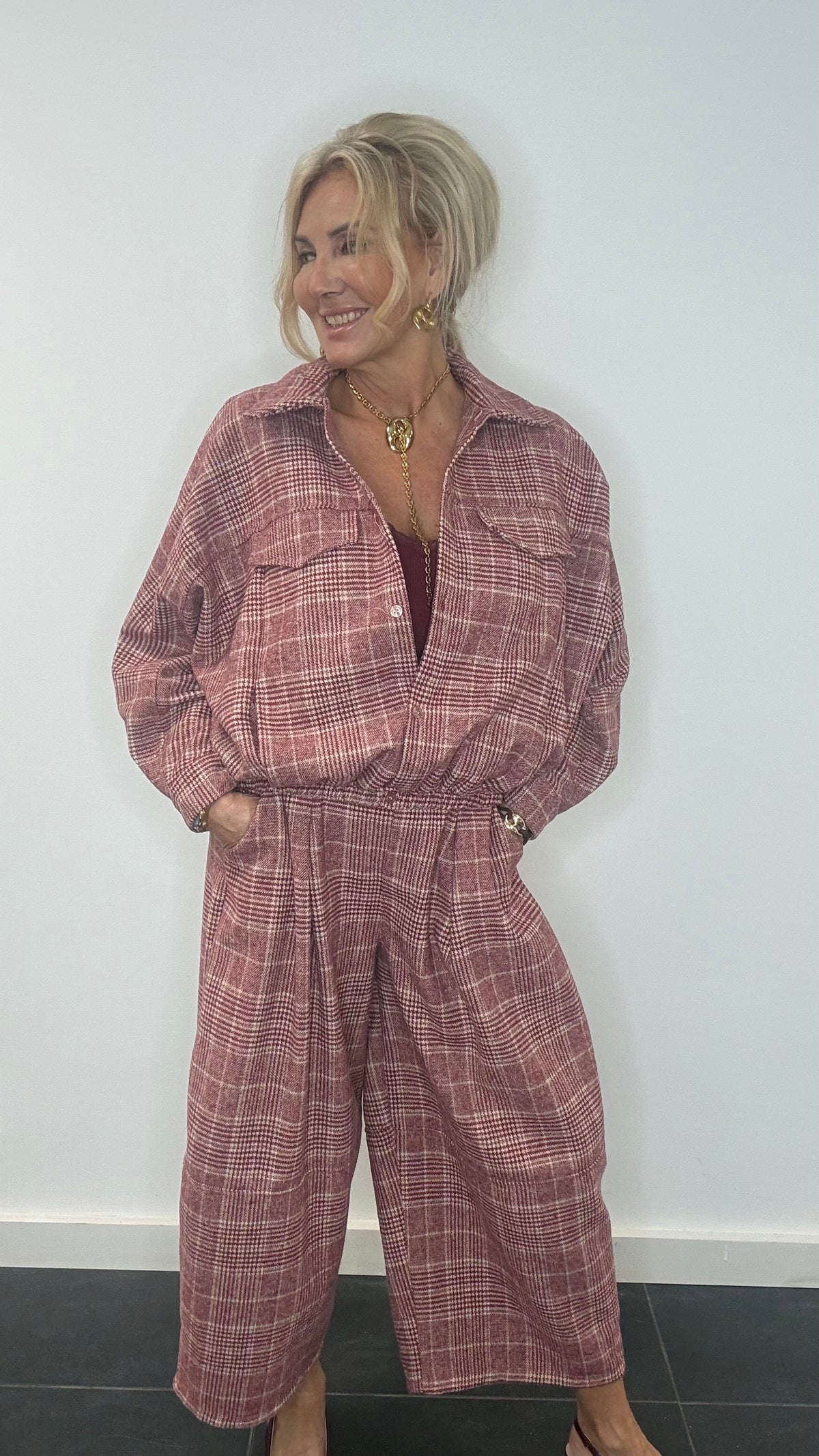 Pantalon culotte Jenny à carreaux bordeaux