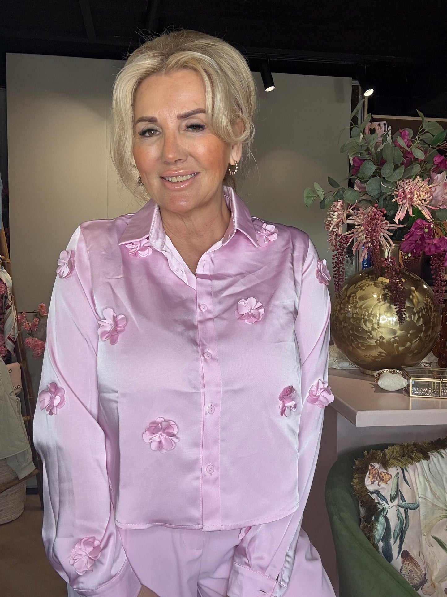 Blouse Satijn Look Bloemen Roze