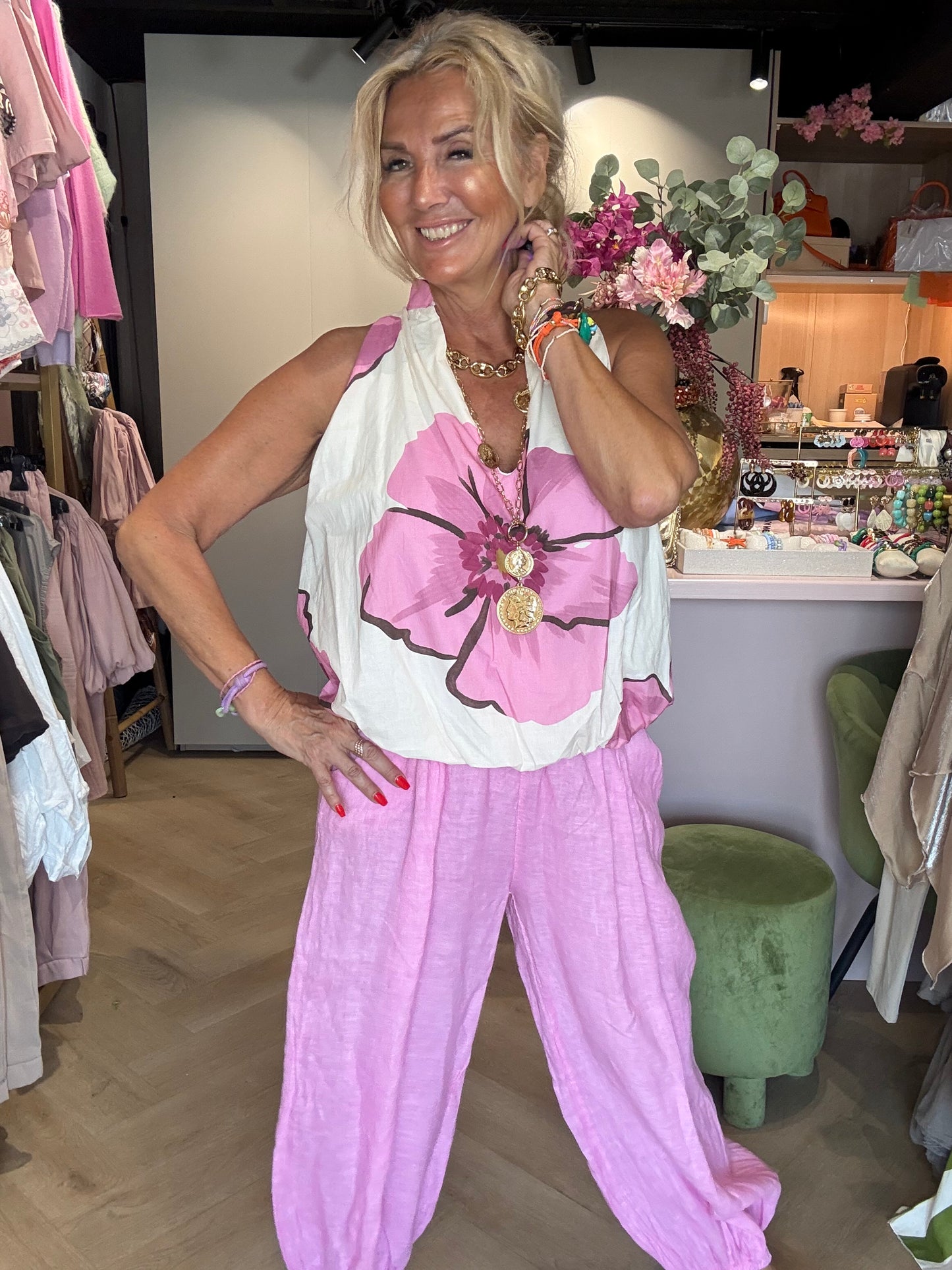 Pantalones de lino globo rosa
