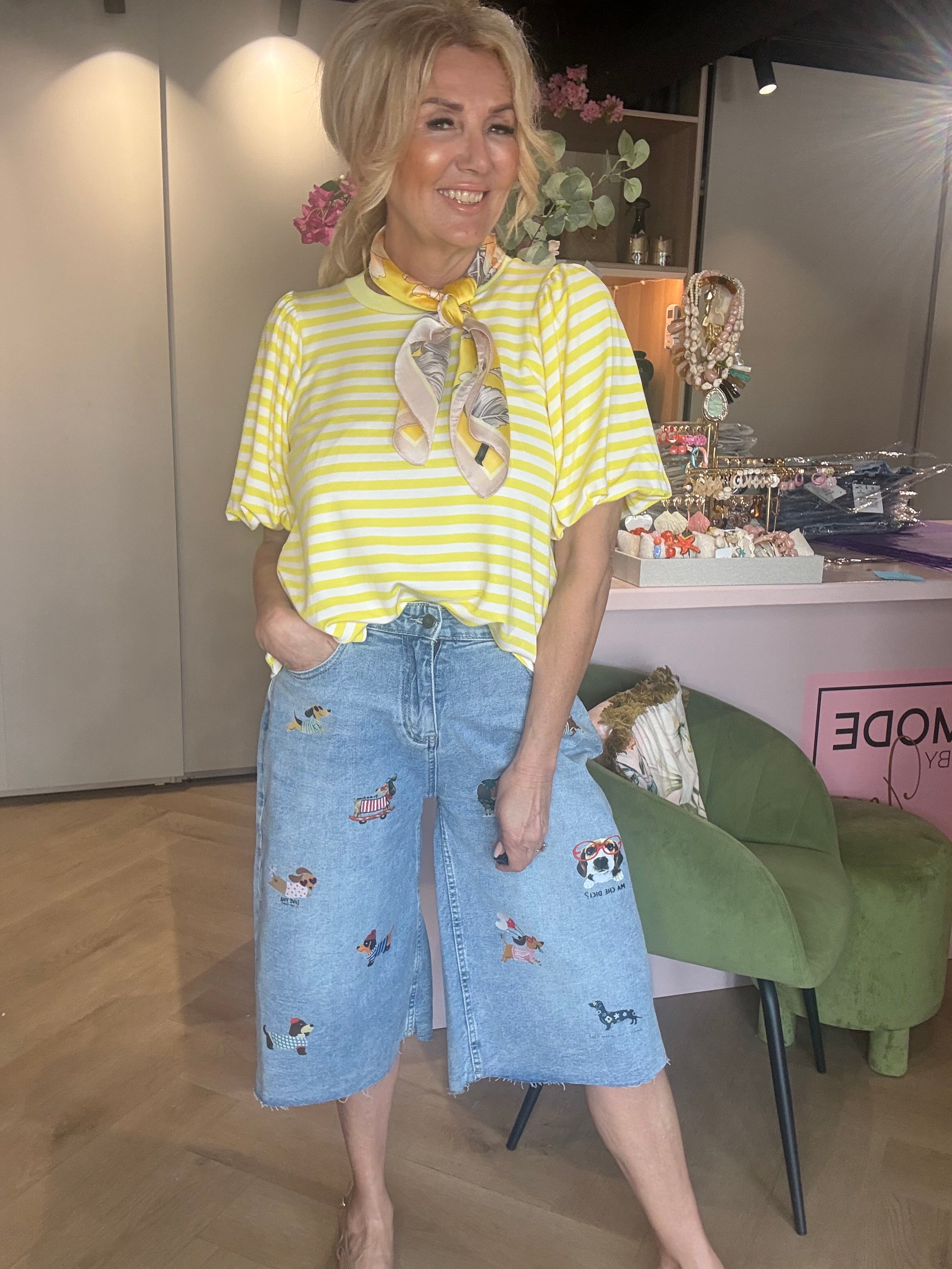 T-Shirt mit Streifen und Ballonärmel Gelb