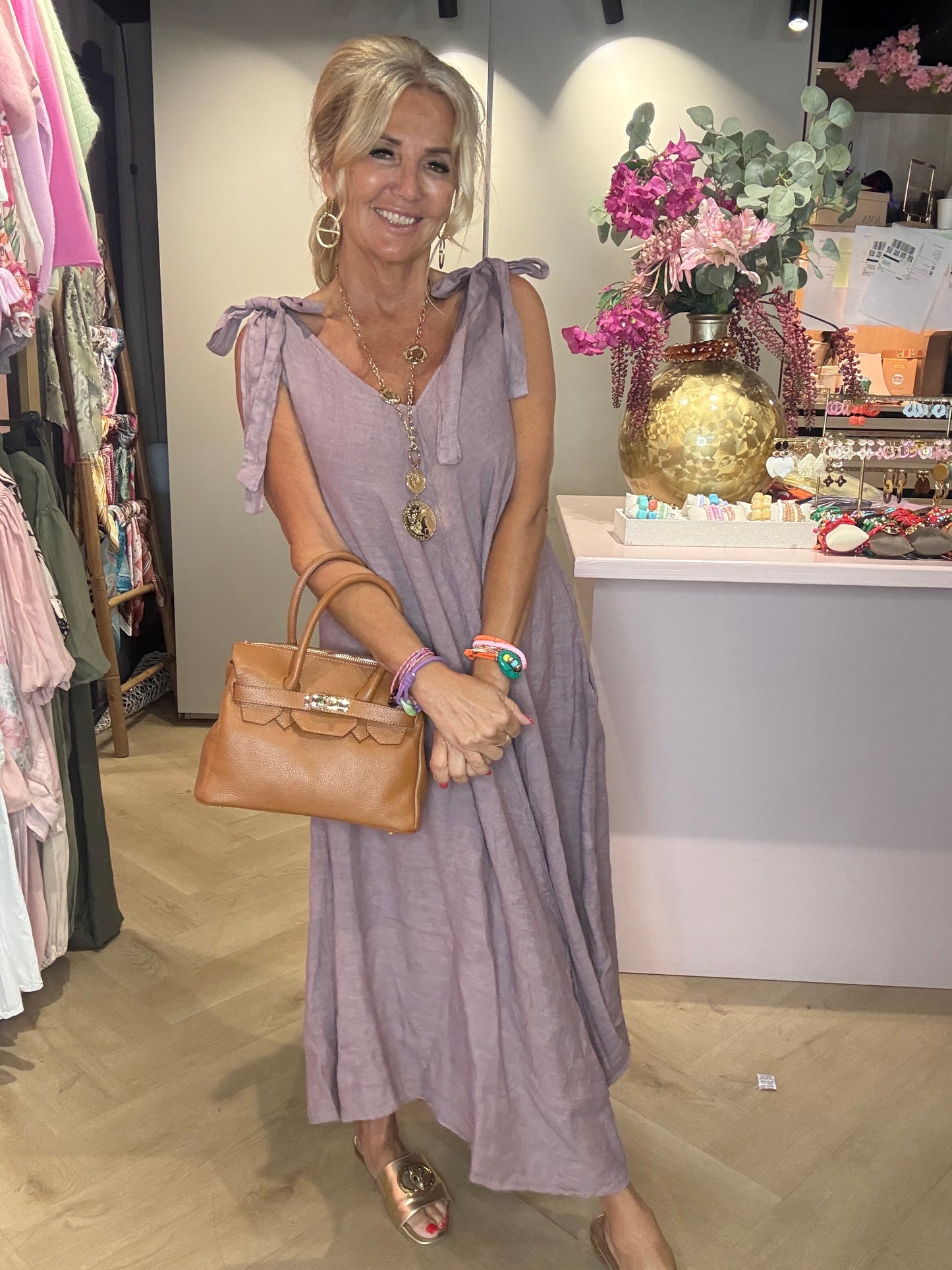 Jurk linnen strik Mauve