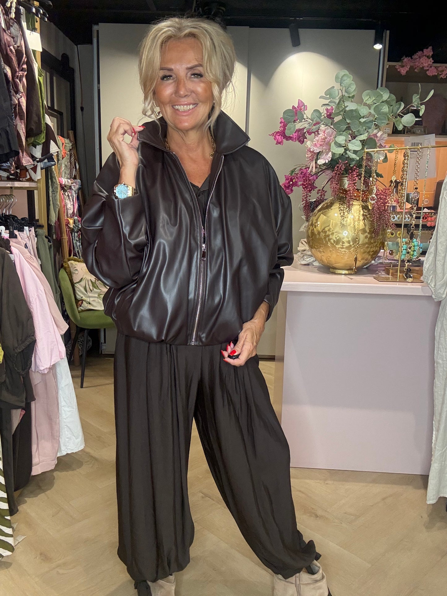 Ballonjacke in Lederoptik, schokobraun