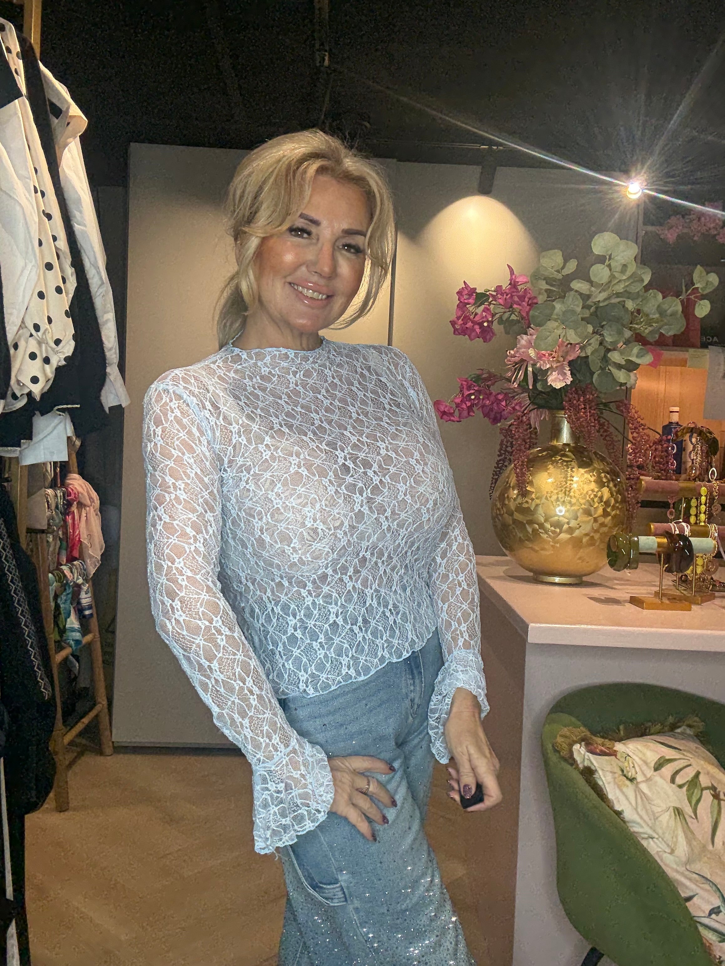 Lace Top Licht Blauw Trompet mouw