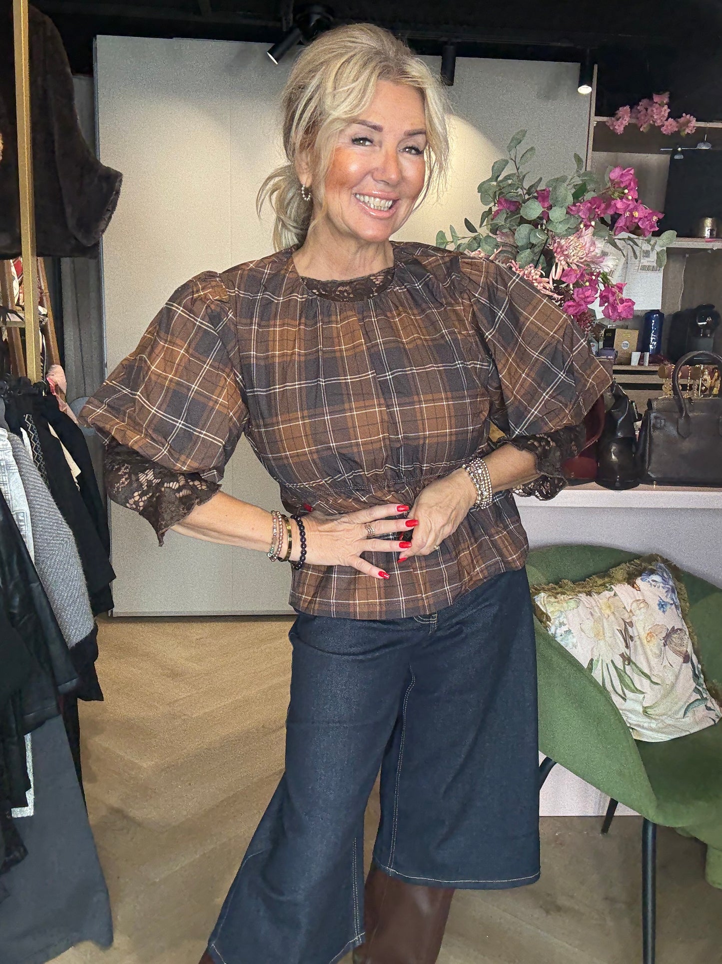 Pof Blouse Ruit Bruin 🤎