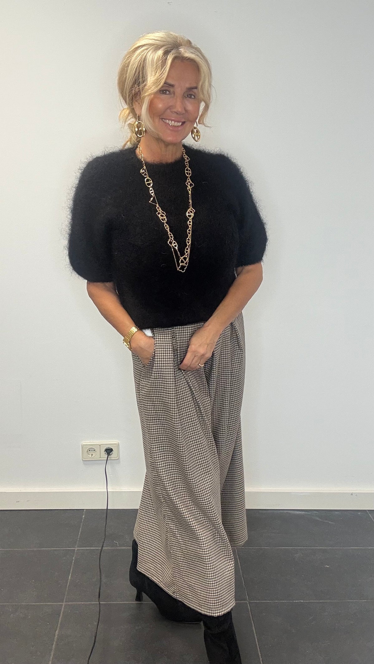 Culottebukser med pepitarude i brun