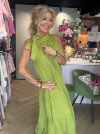 Jurk linnen halter strik Matcha