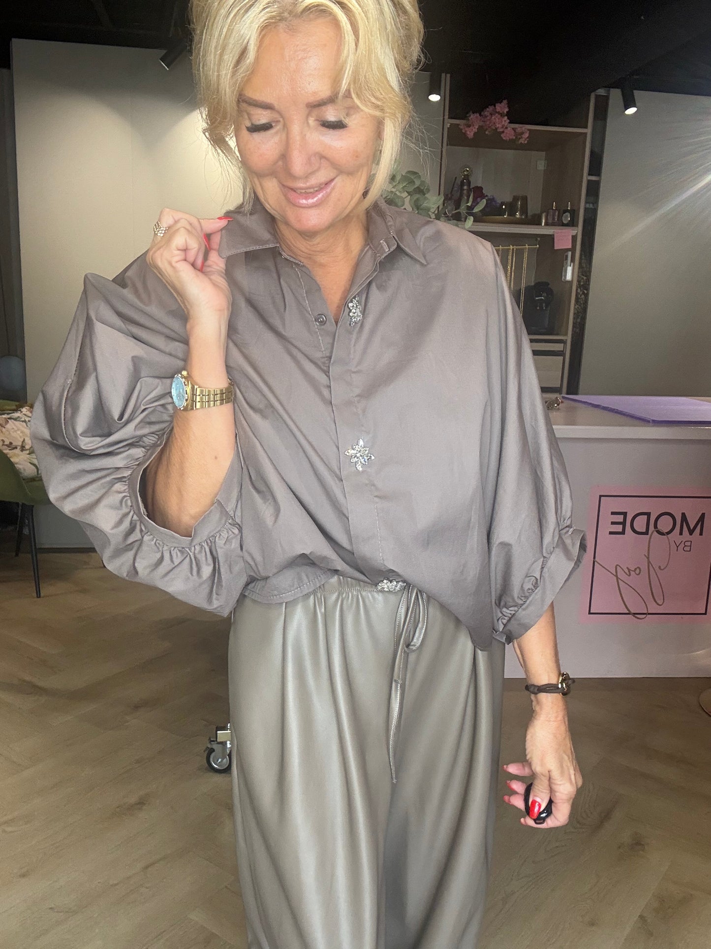 Taupe Rhinestone Blouse