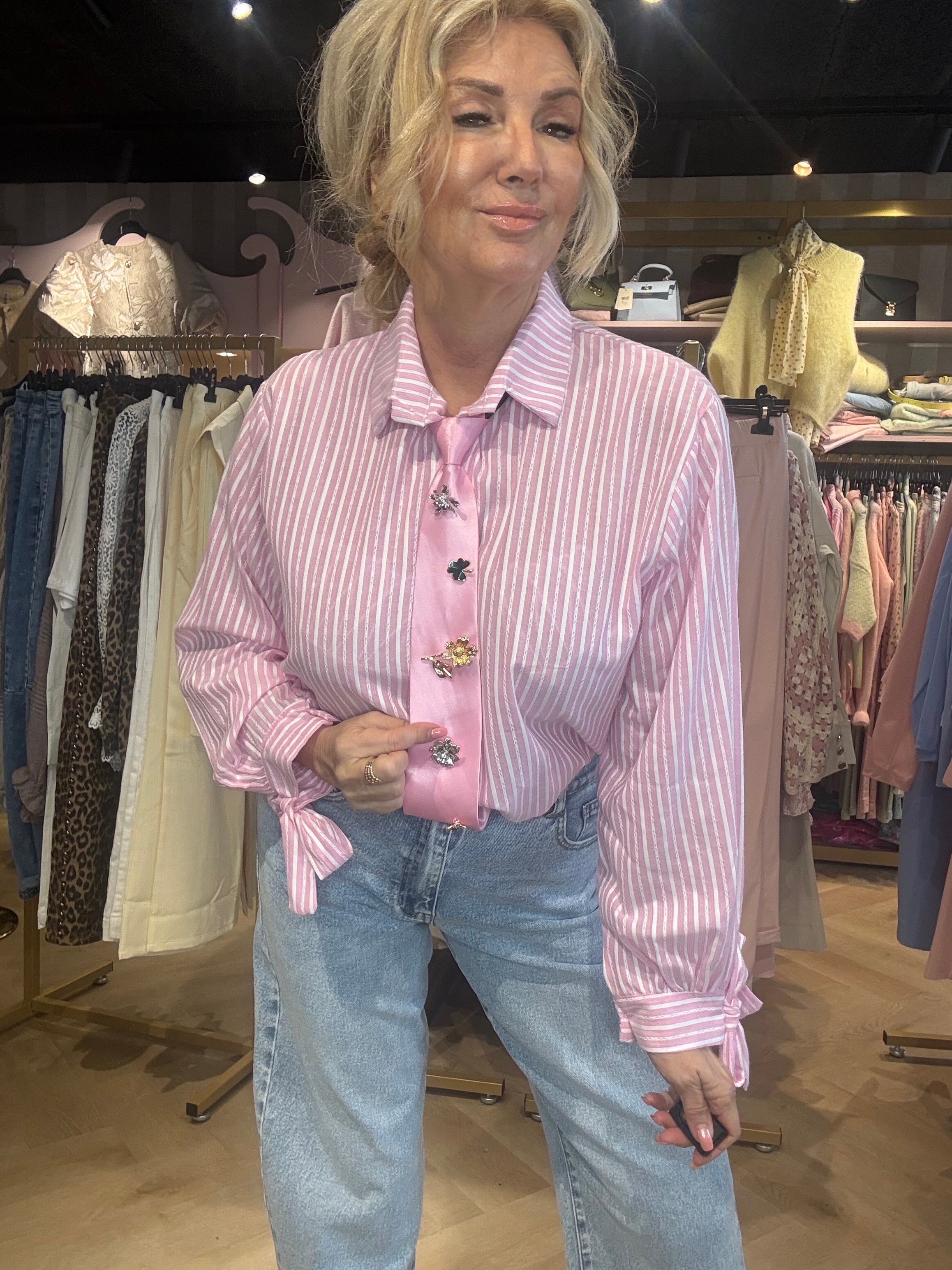 Blouse Louise Rose / Wit Streep met strik Manchet