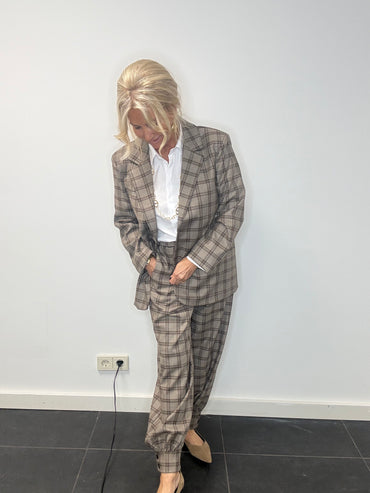 Pantalon ballon à carreaux taupe et brun