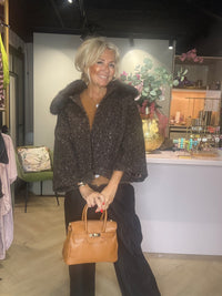 Dark brown jacket with a fur collar