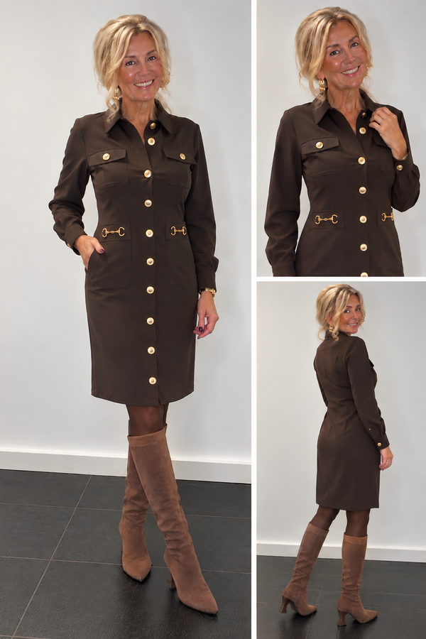 Triple Nine JK51843 Dark Brown Dress with Gold Buttons