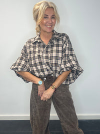 Bluse Emma mørkeblå Camel ternet