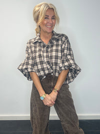 Bluse Emma mørkeblå Camel ternet
