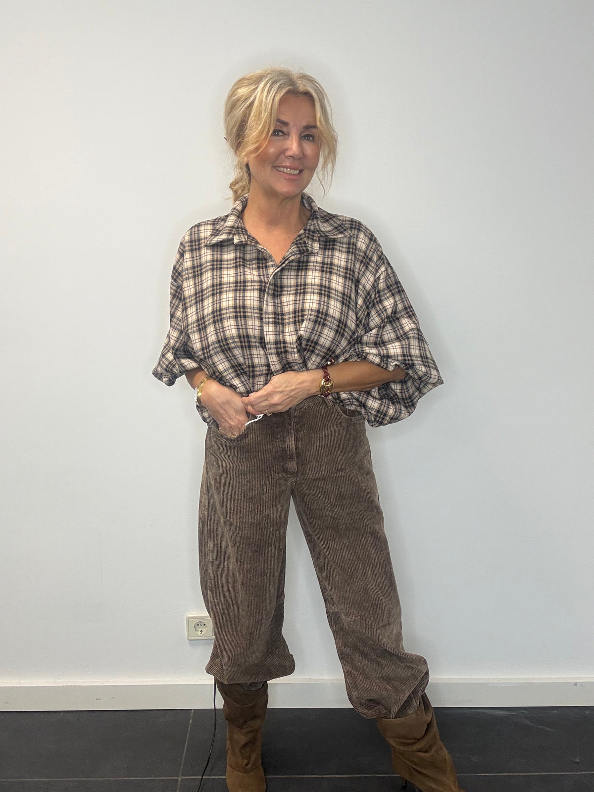 Rib broek met wijde pijpen, bruin